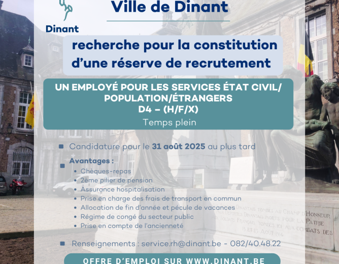 Réserve de recrutement – Un employé pour les services état civil/population/étrangers – D4 – Temps plein (H/F/X)