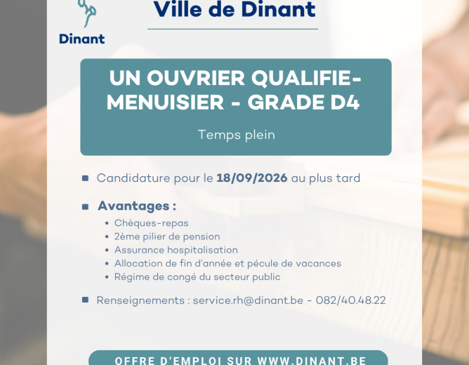 OFFRE D&rsquo;EMPLOI – Un ouvrier menuisier – Grade D4 – Temps plein (H/F/X)